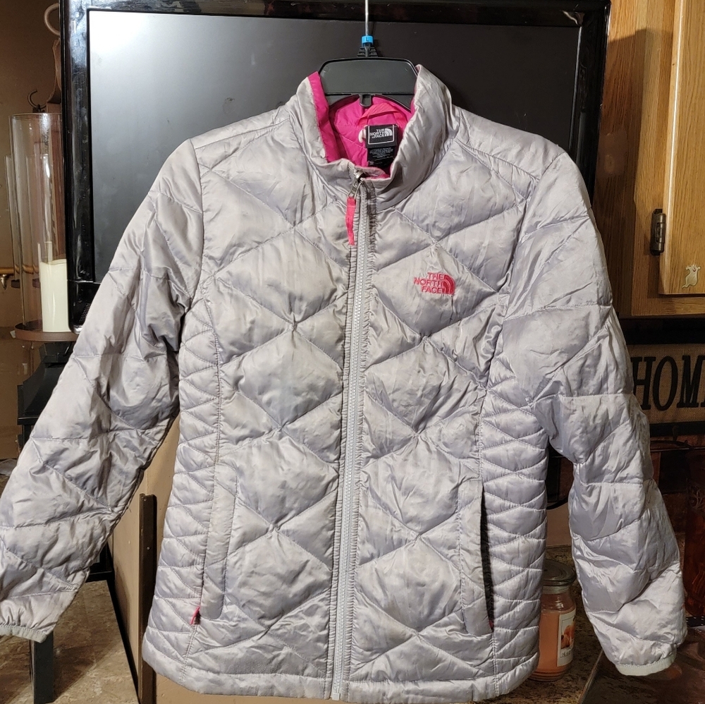 The North Face Silver Quilted Jacket with Pink Lining
